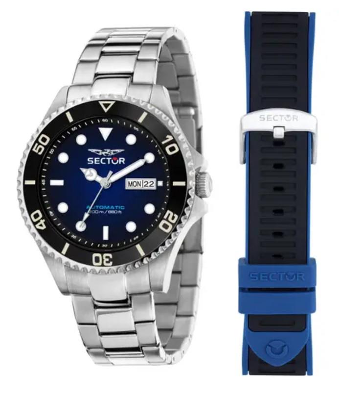 230 43MM AUTO 3H BLK+BLU DIAL BK S+BR SS - SECTOR