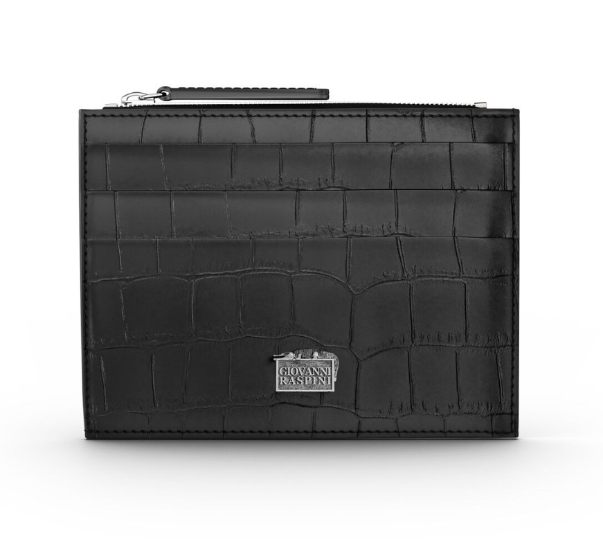 PORTACARTE CON ZIP PELLE CROCO NERA - GIOVANNI RASPINI