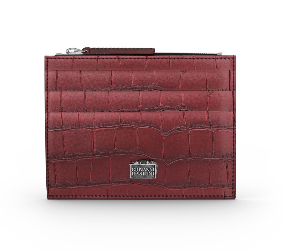 PORTACARTE CON ZIP PELLE CROCO BORGOGNA - GIOVANNI RASPINI